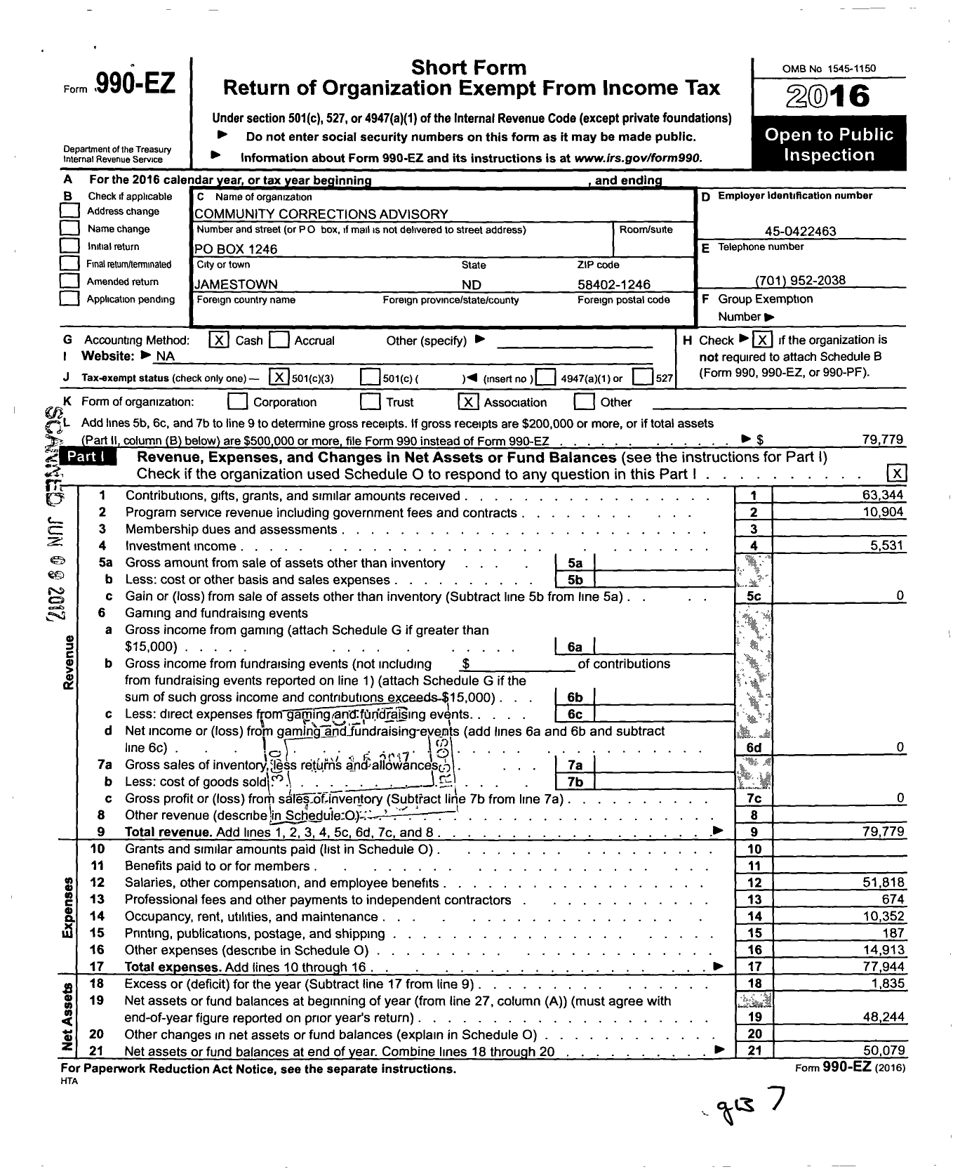 Image of first page of 2016 Form 990EZ for Community Corrections Advisory Board