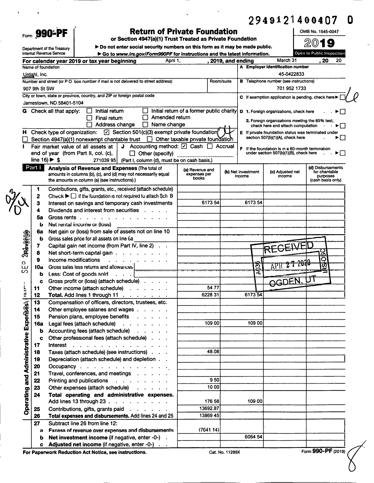 Image of first page of 2019 Form 990PR for Urdahl