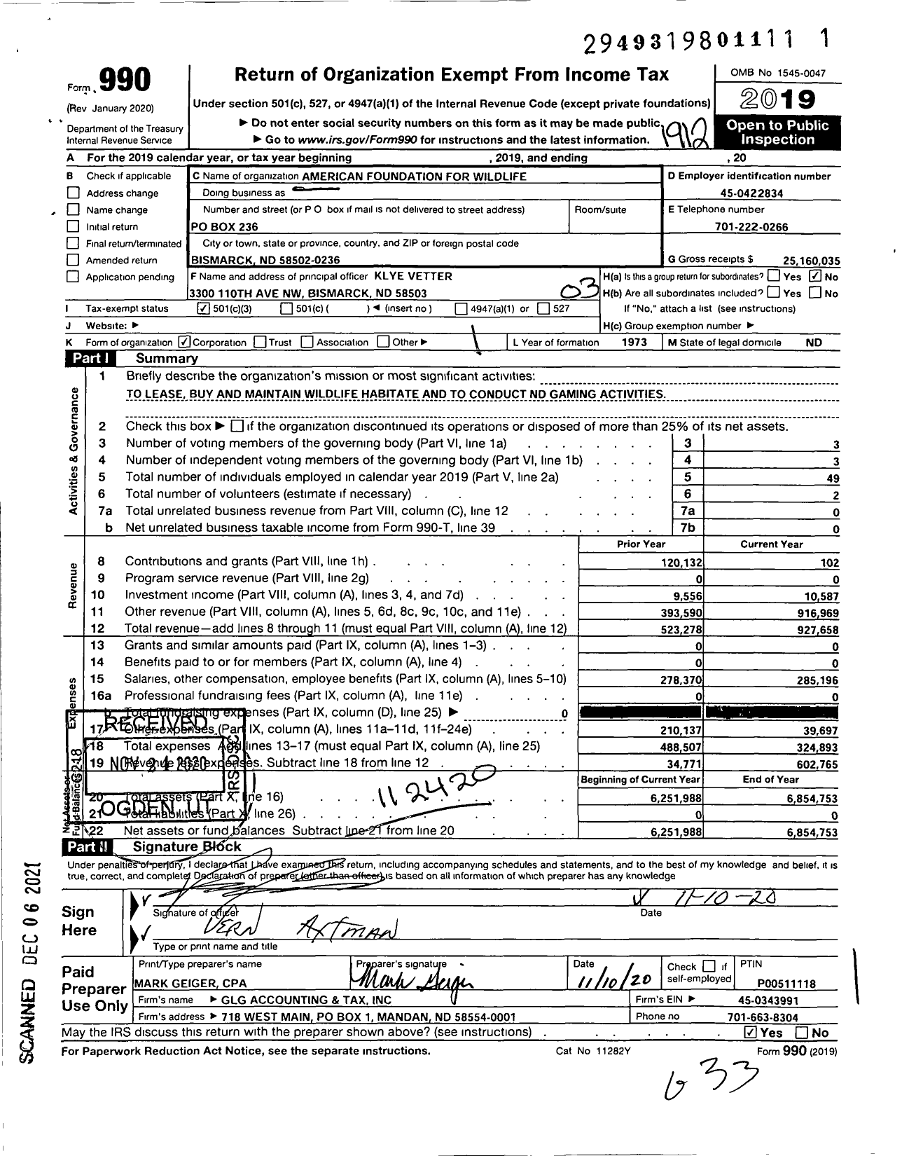 Image of first page of 2019 Form 990 for American Foundation for Wildlife