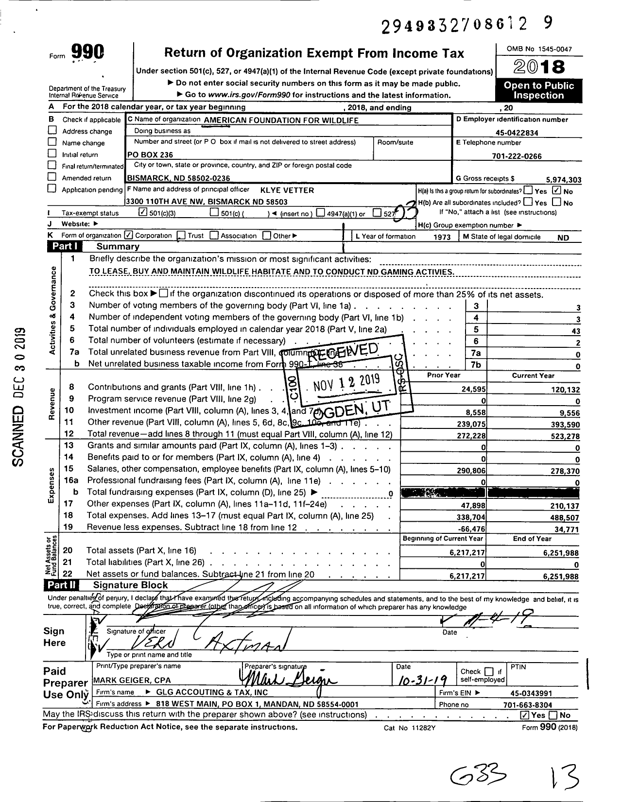 Image of first page of 2018 Form 990 for American Foundation for Wildlife