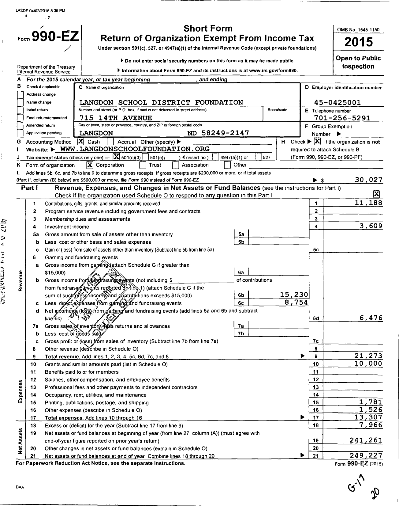 Image of first page of 2015 Form 990EZ for Langdon Area School District Foundation