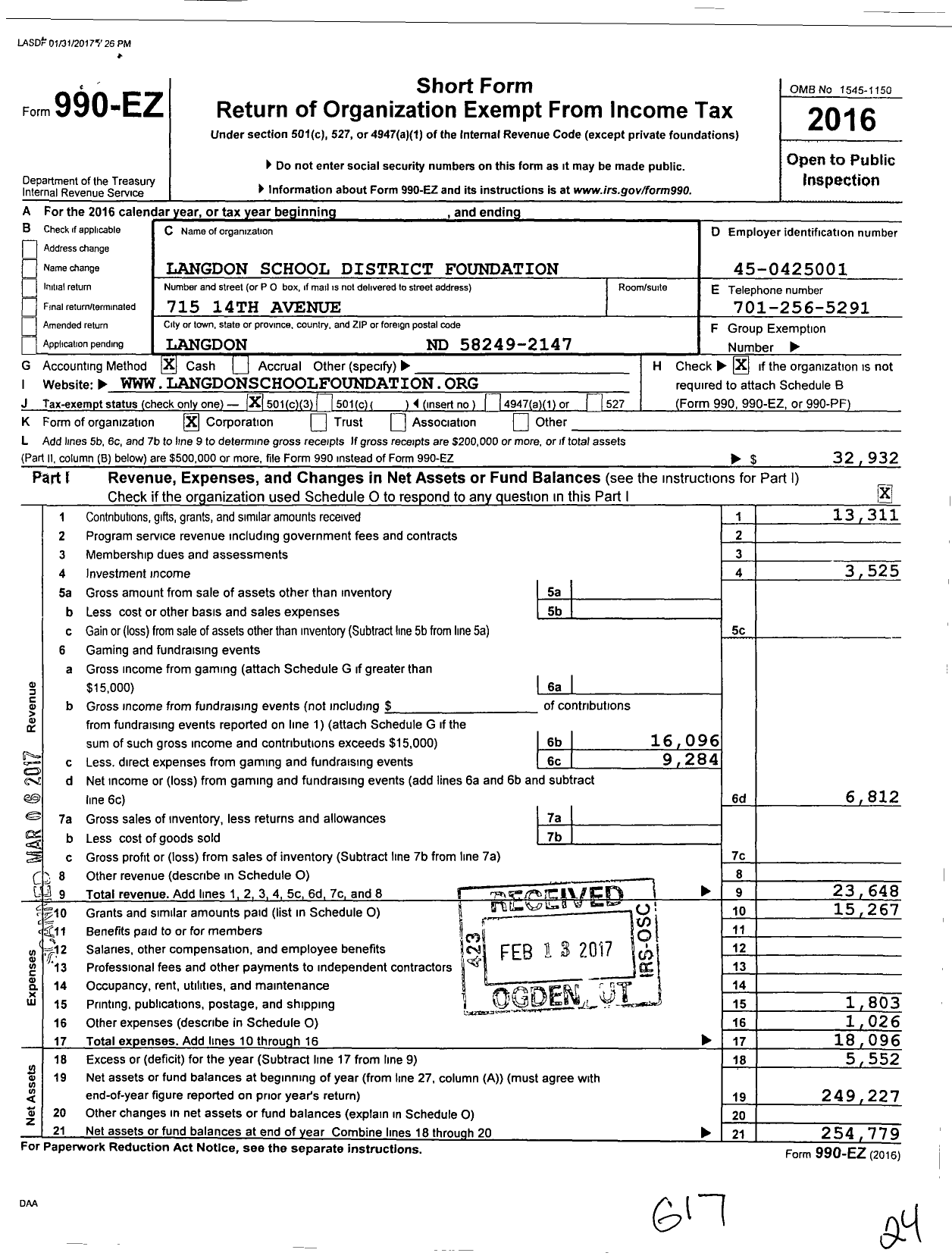 Image of first page of 2016 Form 990EZ for Langdon Area School District Foundation