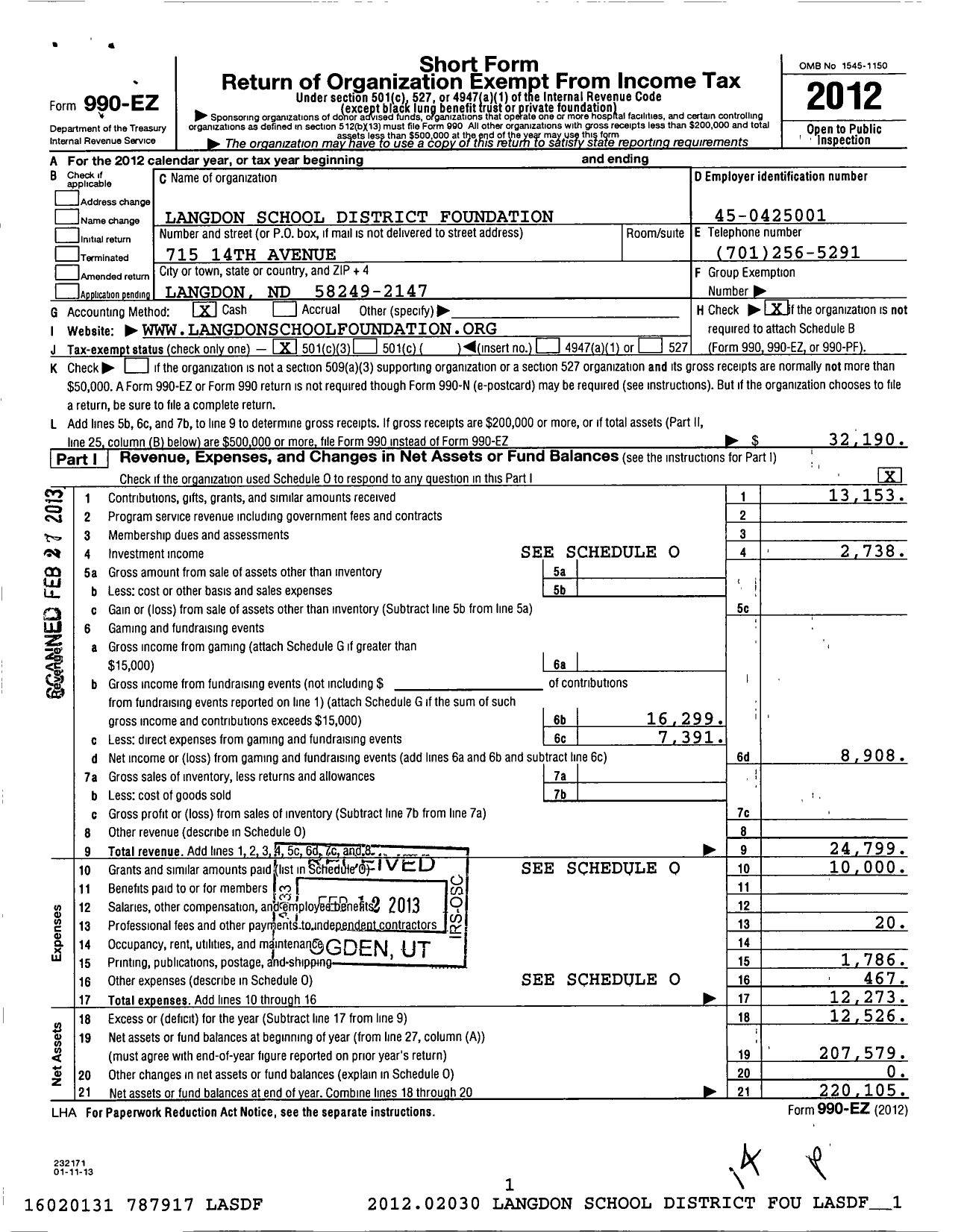 Image of first page of 2012 Form 990EZ for Langdon Area School District Foundation