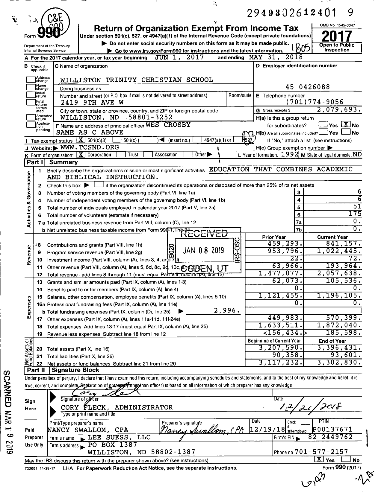 Image of first page of 2017 Form 990 for Williston Trinity Christian School