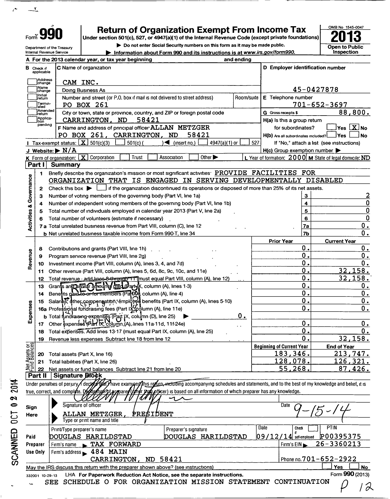 Image of first page of 2013 Form 990 for Cam