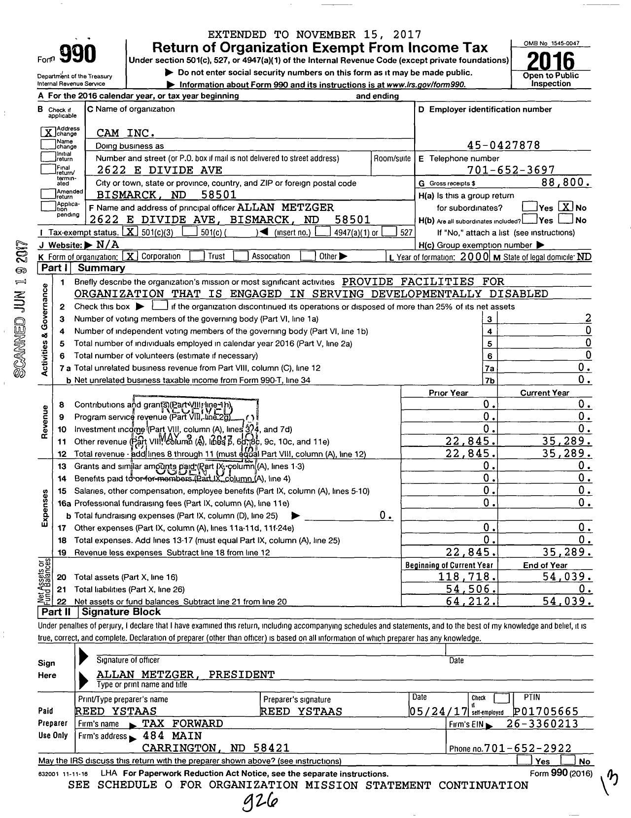 Image of first page of 2016 Form 990 for Cam