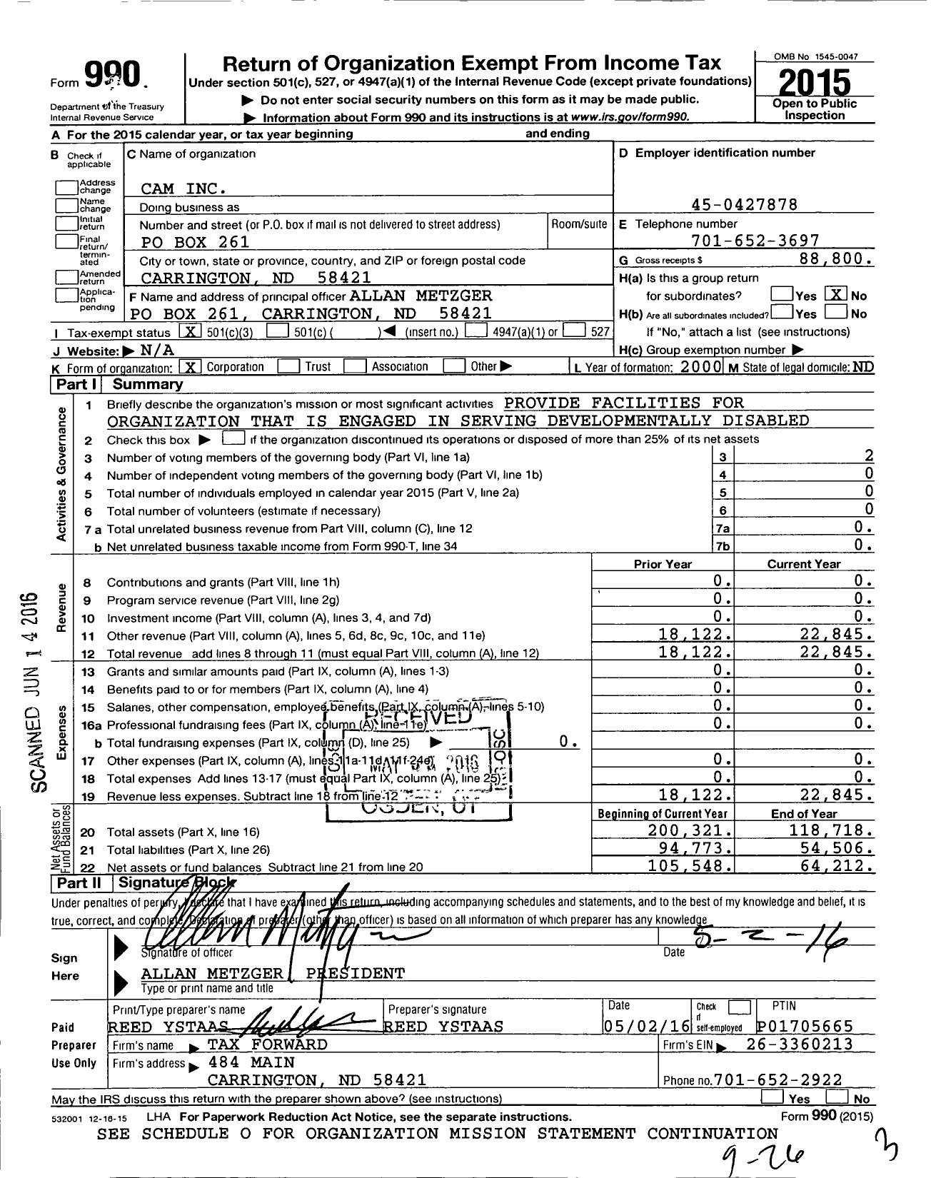 Image of first page of 2015 Form 990 for Cam