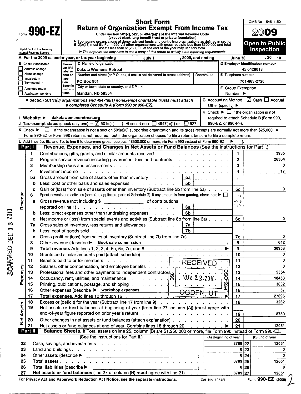 Image of first page of 2009 Form 990EO for Dakota Womens Retreat