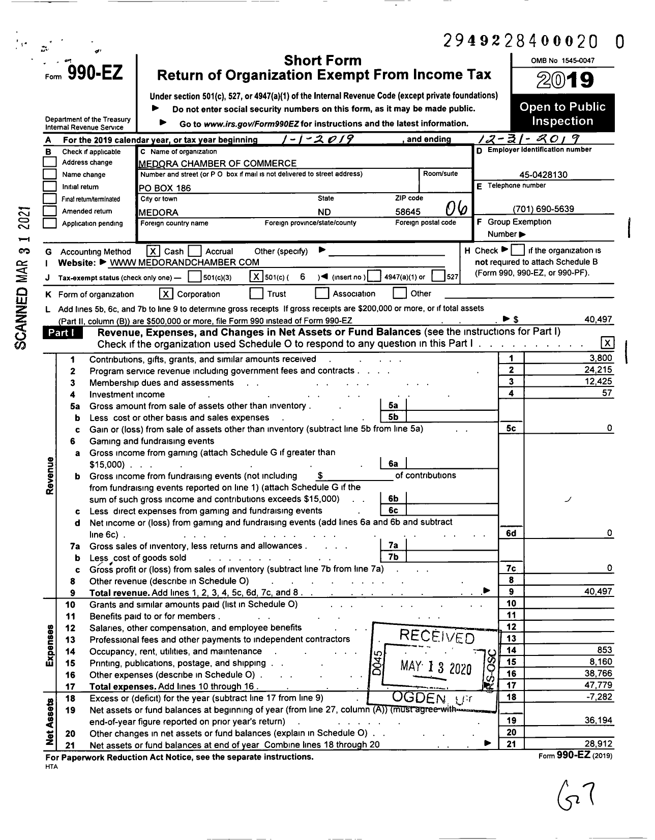 Image of first page of 2019 Form 990EO for Medora Chamber of Commerce