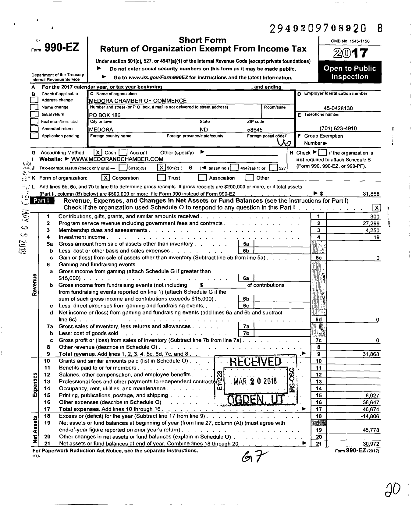 Image of first page of 2017 Form 990EO for Medora Chamber of Commerce