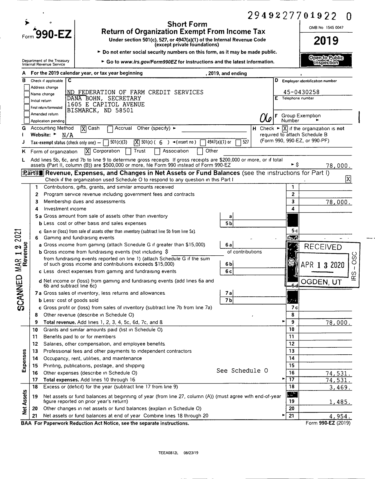 Image of first page of 2019 Form 990EO for North Dakota Federation of FCS Alyssa Glass