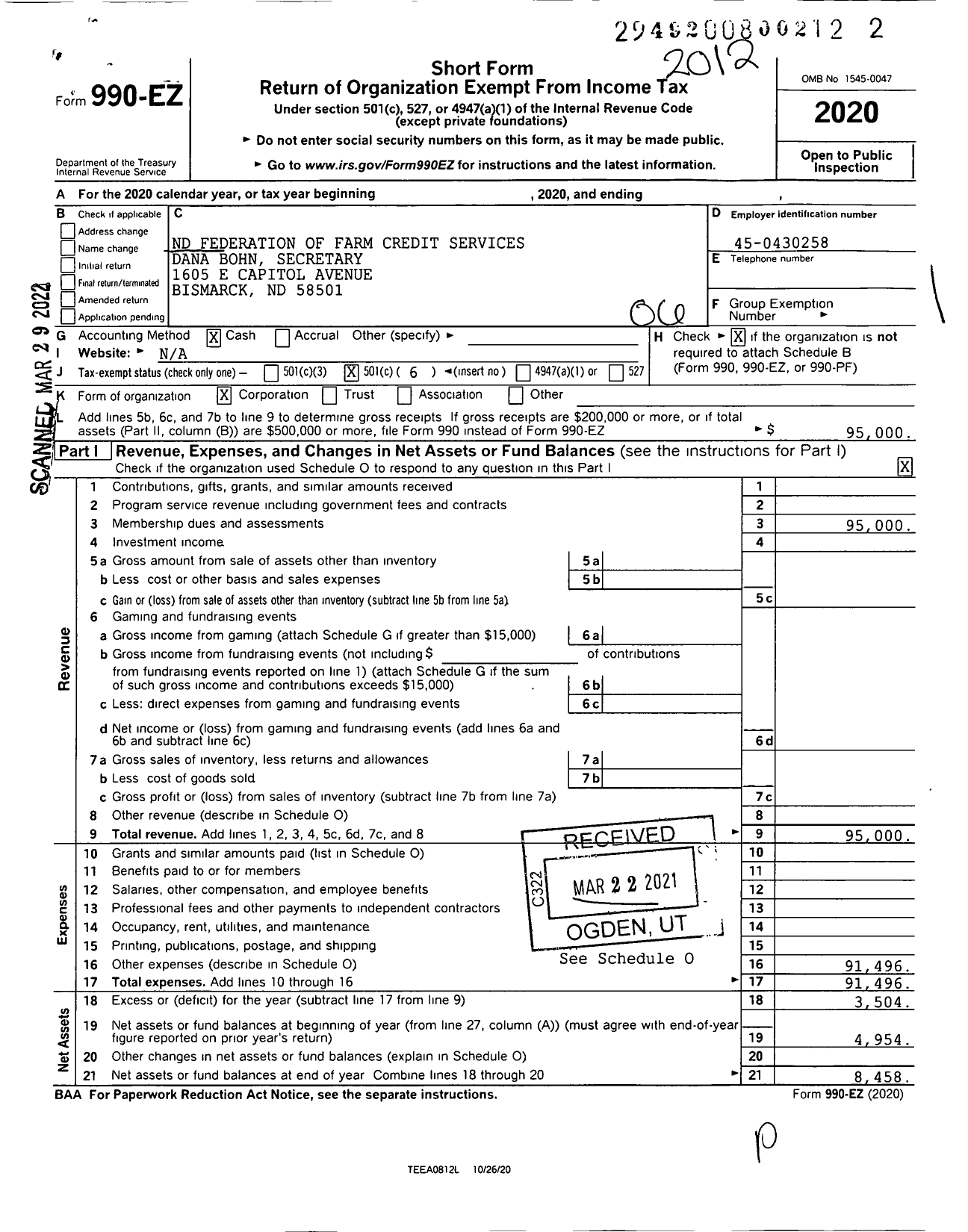 Image of first page of 2020 Form 990EO for North Dakota Federation of FCS Alyssa Glass
