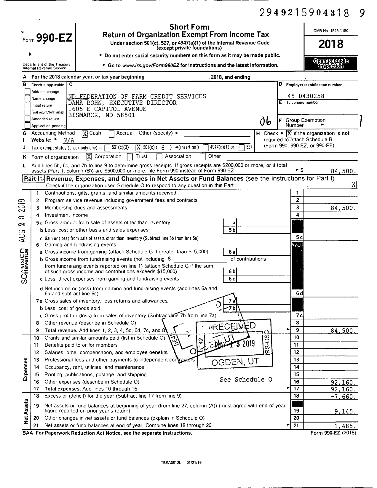 Image of first page of 2018 Form 990EO for North Dakota Federation of FCS Alyssa Glass