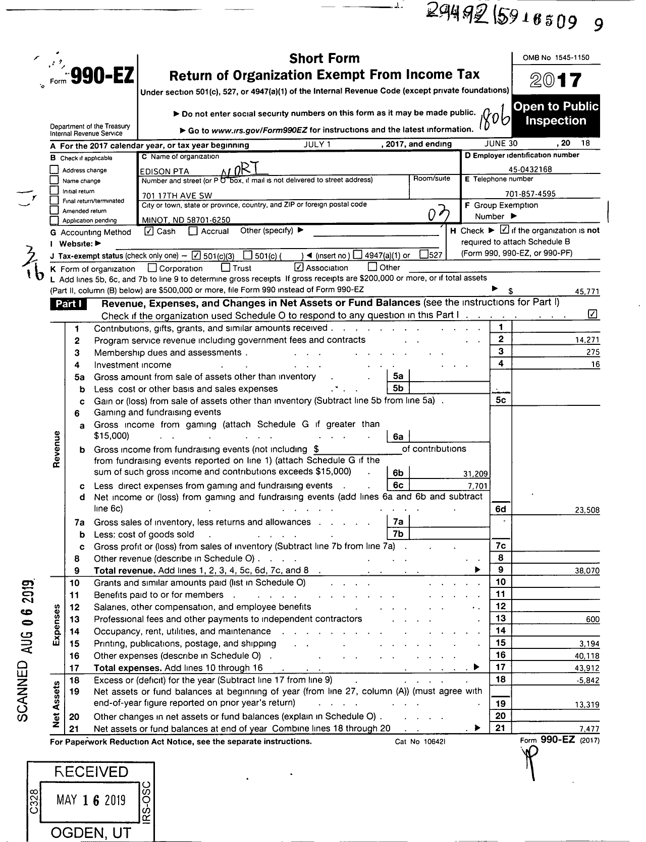 Image of first page of 2017 Form 990EZ for Edison PTA