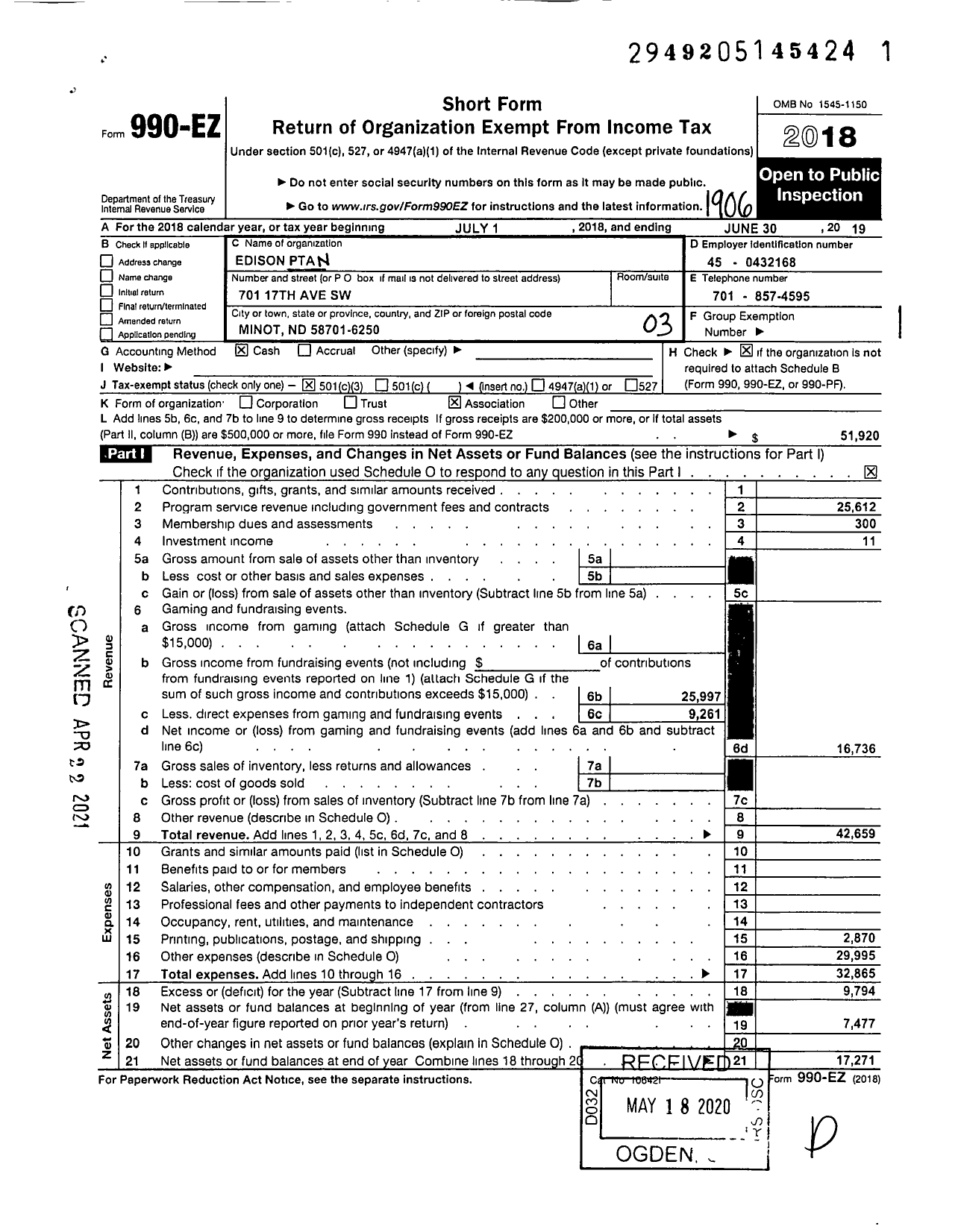 Image of first page of 2018 Form 990EZ for Edison PTA