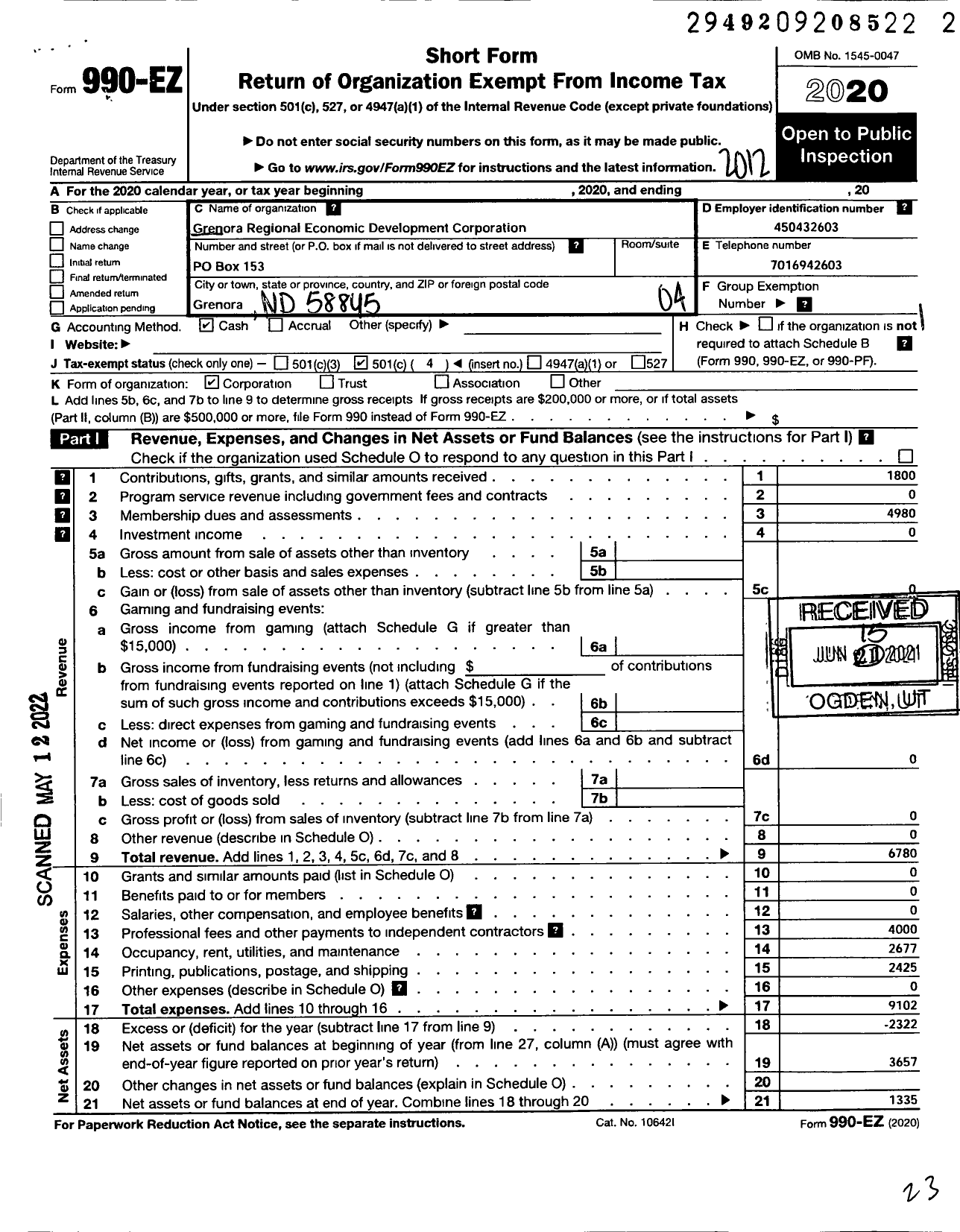 Image of first page of 2020 Form 990EO for Grenora Regional Economic Development