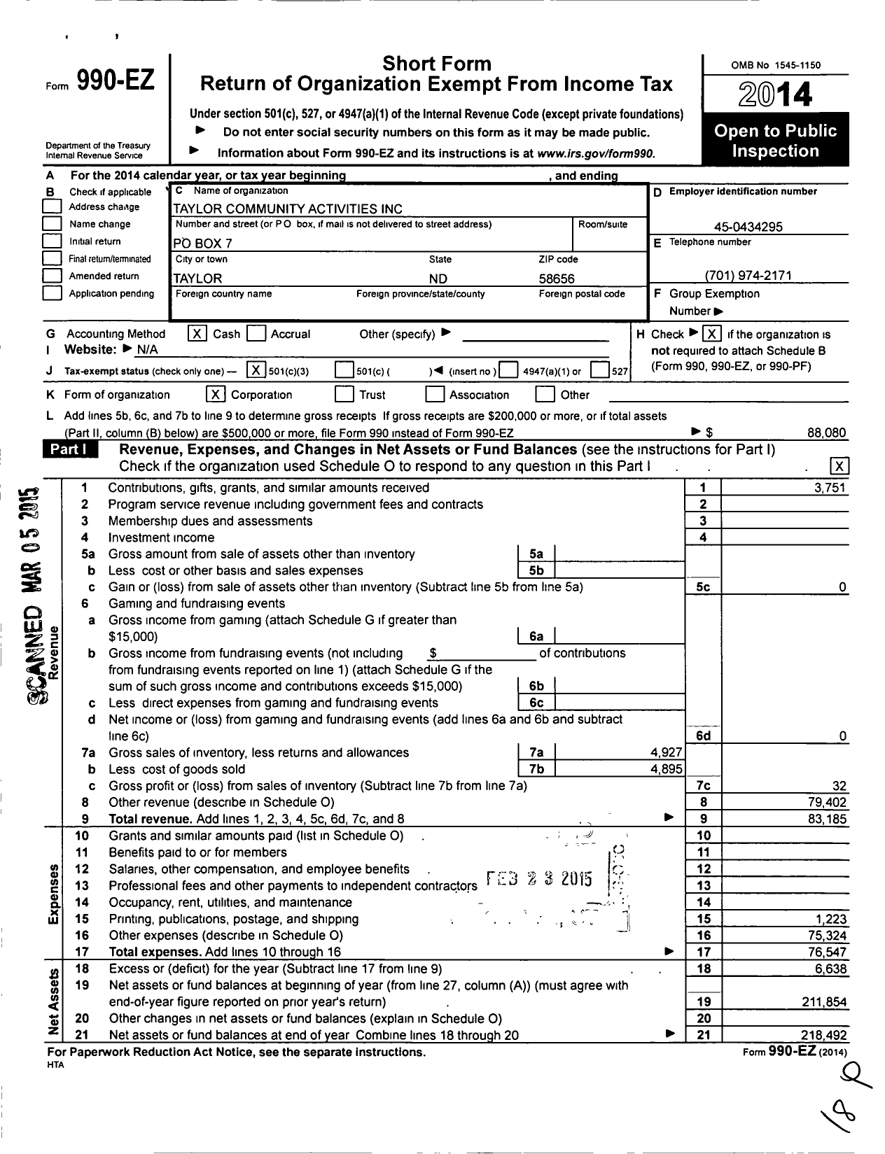 Image of first page of 2014 Form 990EZ for Taylor Community Activities