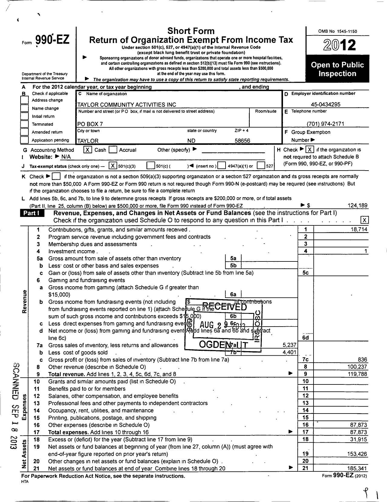 Image of first page of 2012 Form 990EZ for Taylor Community Activities