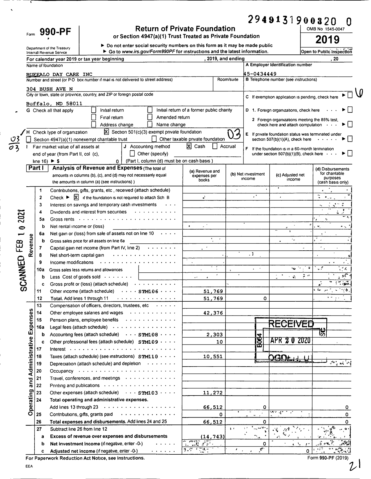 Image of first page of 2019 Form 990PF for Buffalo Day Care