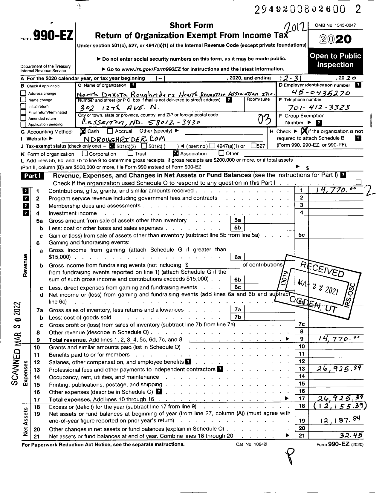 Image of first page of 2020 Form 990EZ for North Dakota Roughriders Health Promotion Association