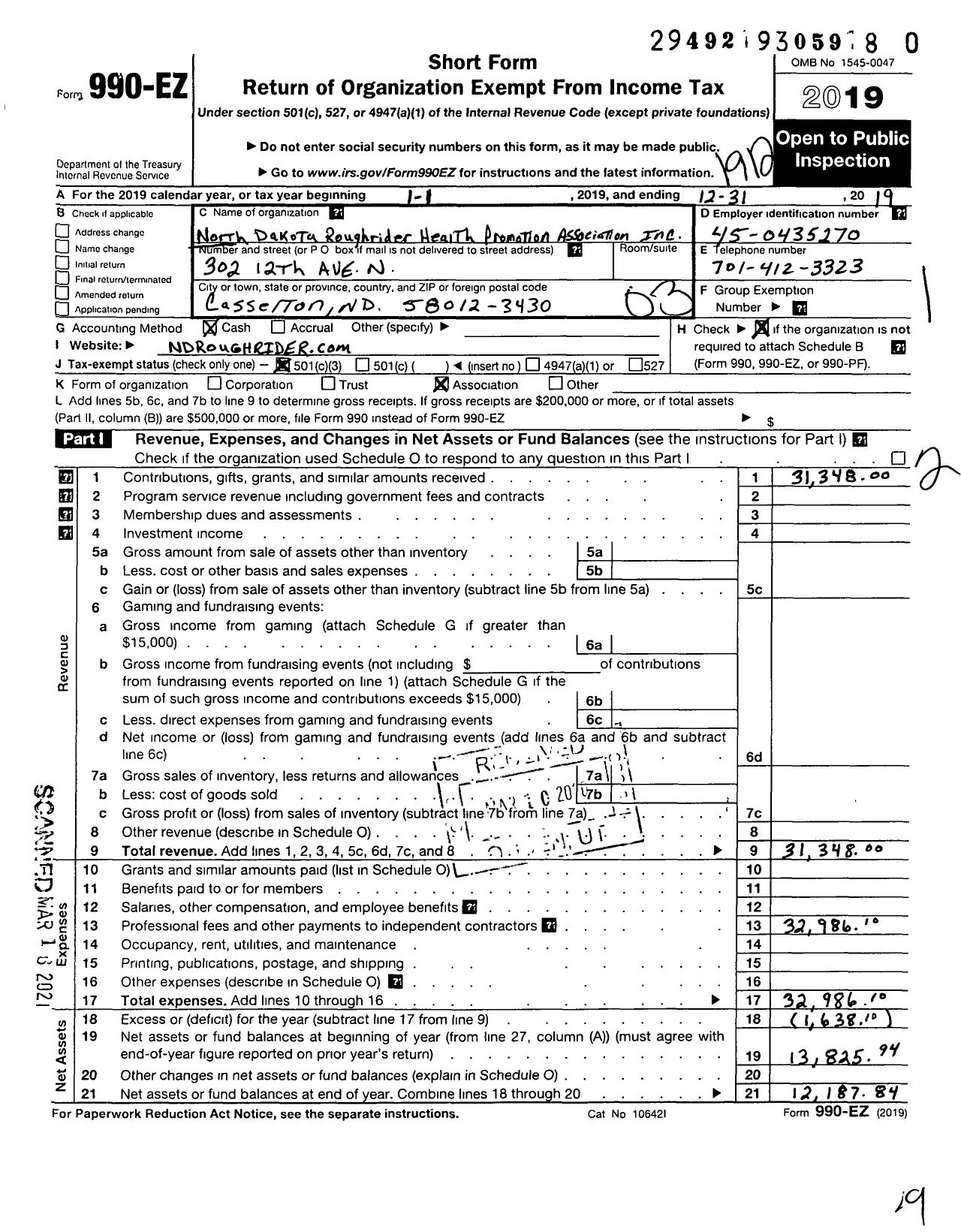 Image of first page of 2019 Form 990EZ for North Dakota Roughriders Health Promotion Association