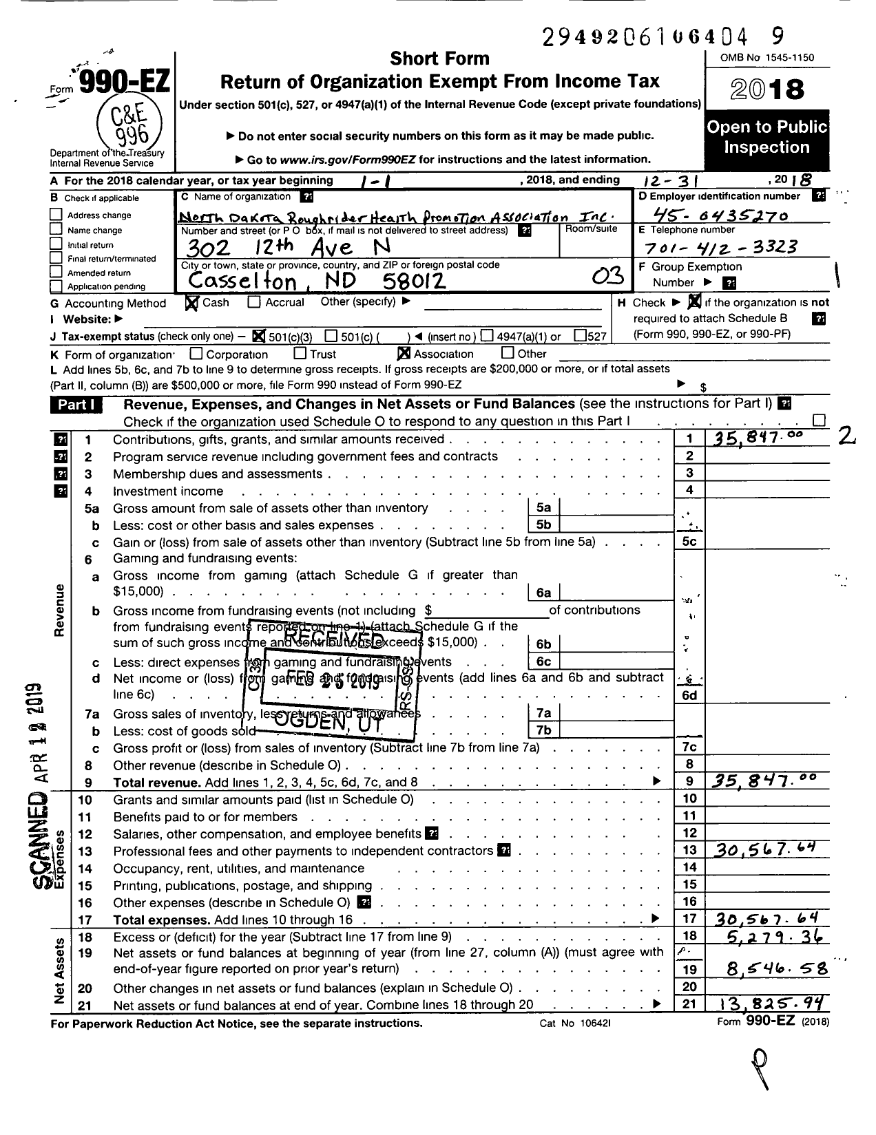 Image of first page of 2018 Form 990EZ for North Dakota Roughriders Health Promotion Association