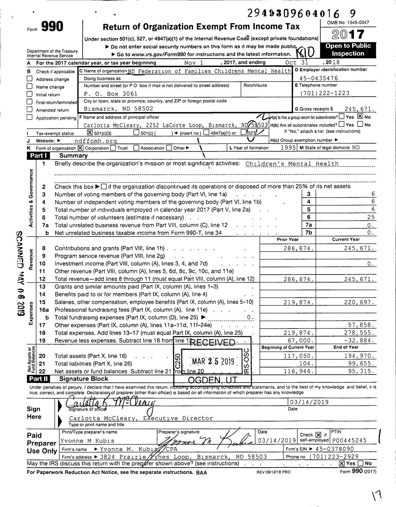 Image of first page of 2017 Form 990 for North Dakota Federation of Families for Childrens Mental Health