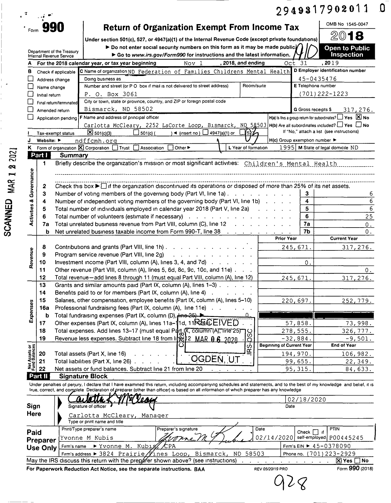 Image of first page of 2018 Form 990 for North Dakota Federation of Families for Childrens Mental Health