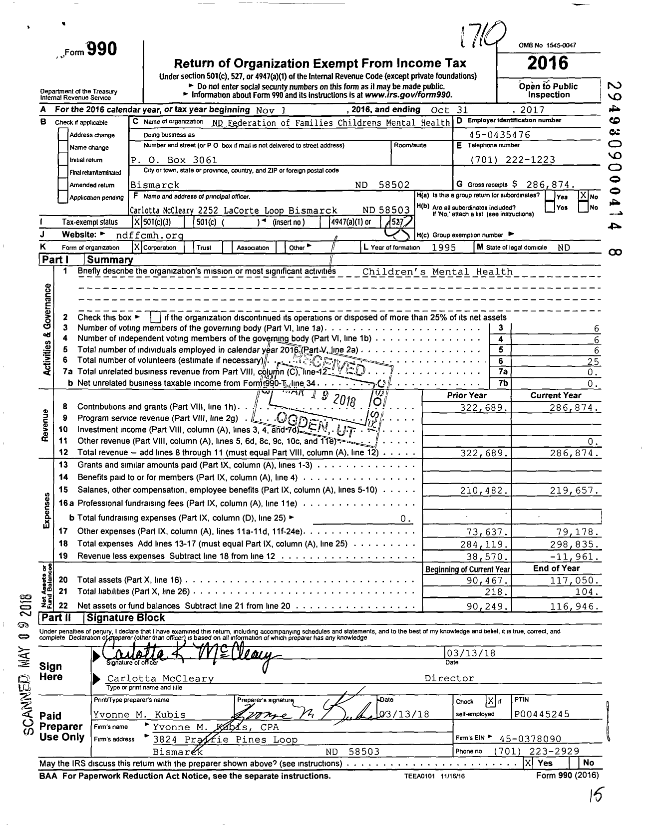 Image of first page of 2016 Form 990 for North Dakota Federation of Families for Childrens Mental Health