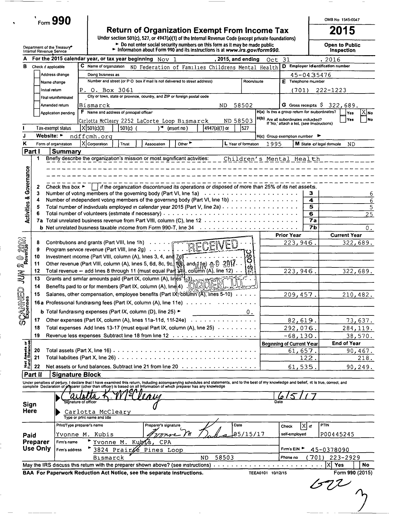 Image of first page of 2015 Form 990 for North Dakota Federation of Families for Childrens Mental Health