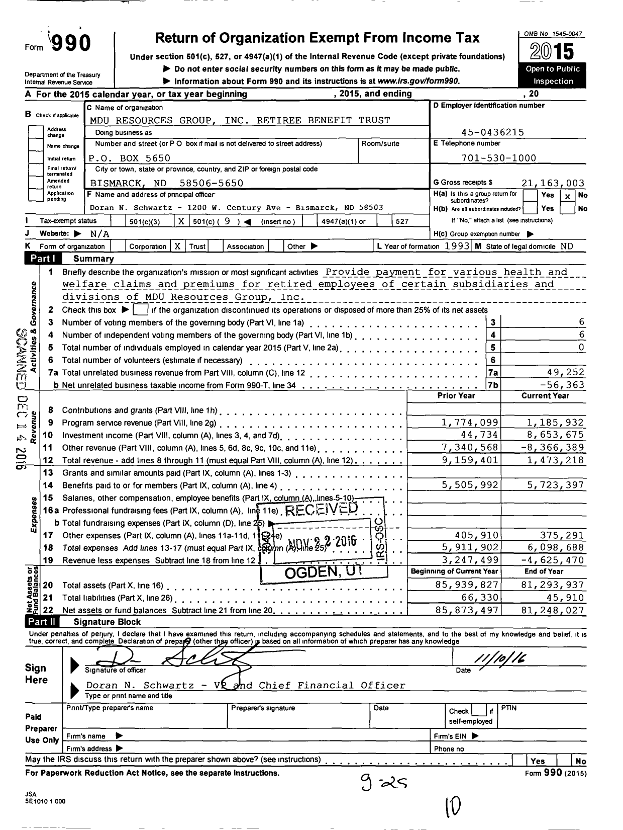 Image of first page of 2015 Form 990O for Mdu Resources Group Retiree Benefit Trust