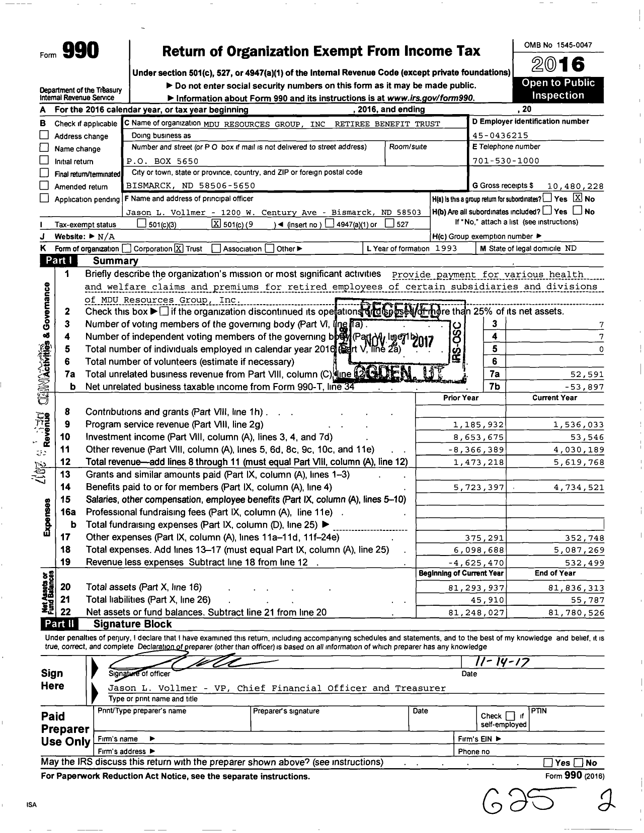 Image of first page of 2016 Form 990O for Mdu Resources Group Retiree Benefit Trust