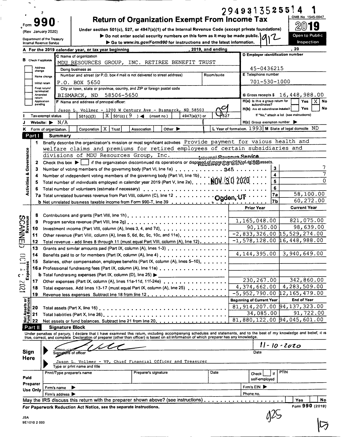 Image of first page of 2019 Form 990O for Mdu Resources Group Retiree Benefit Trust