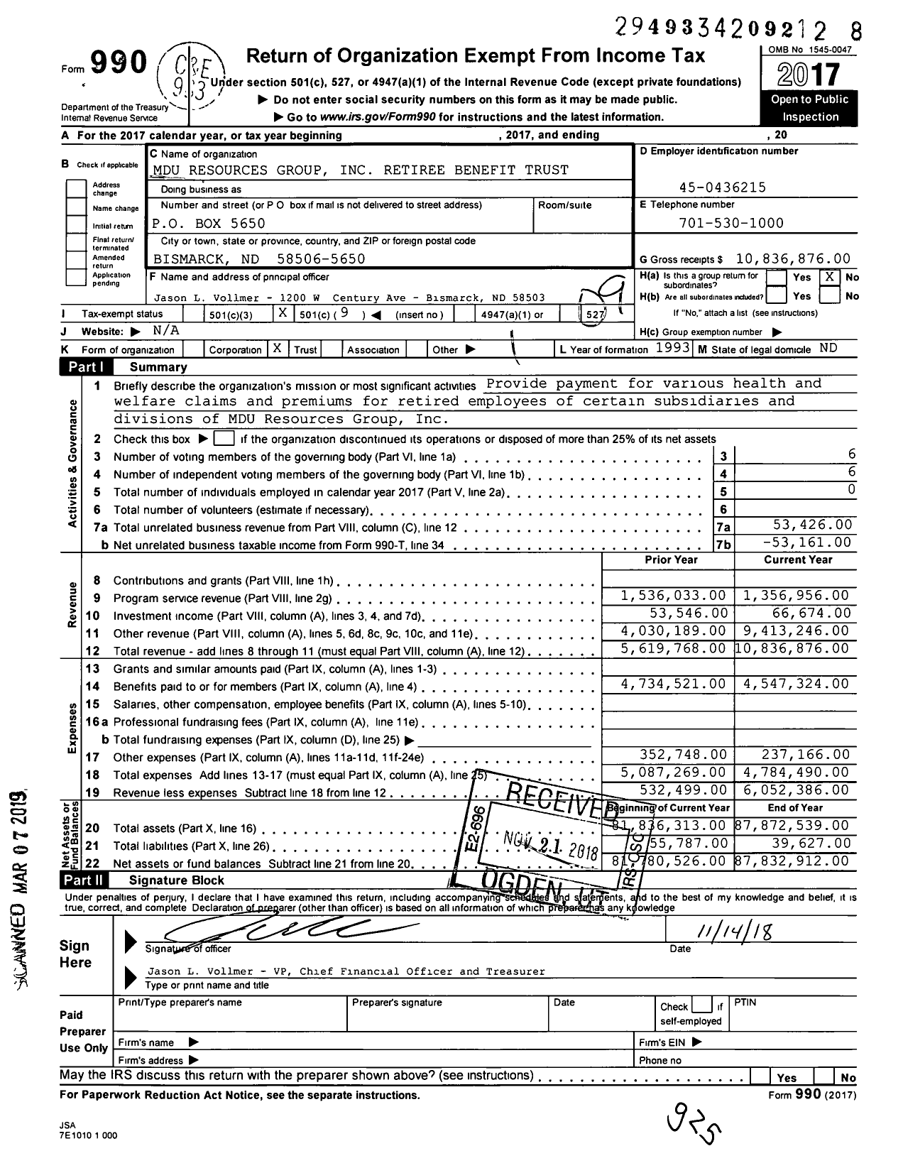 Image of first page of 2017 Form 990O for Mdu Resources Group Retiree Benefit Trust
