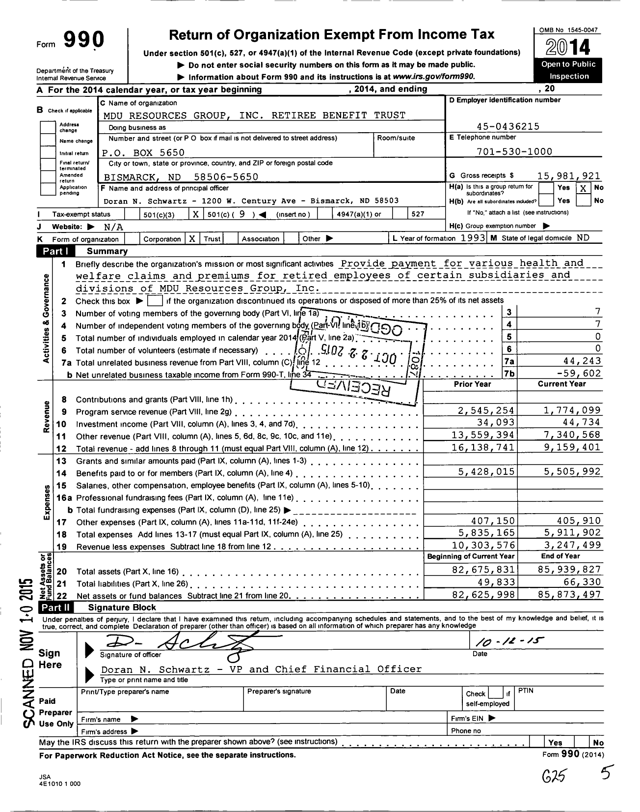 Image of first page of 2014 Form 990O for Mdu Resources Group Retiree Benefit Trust