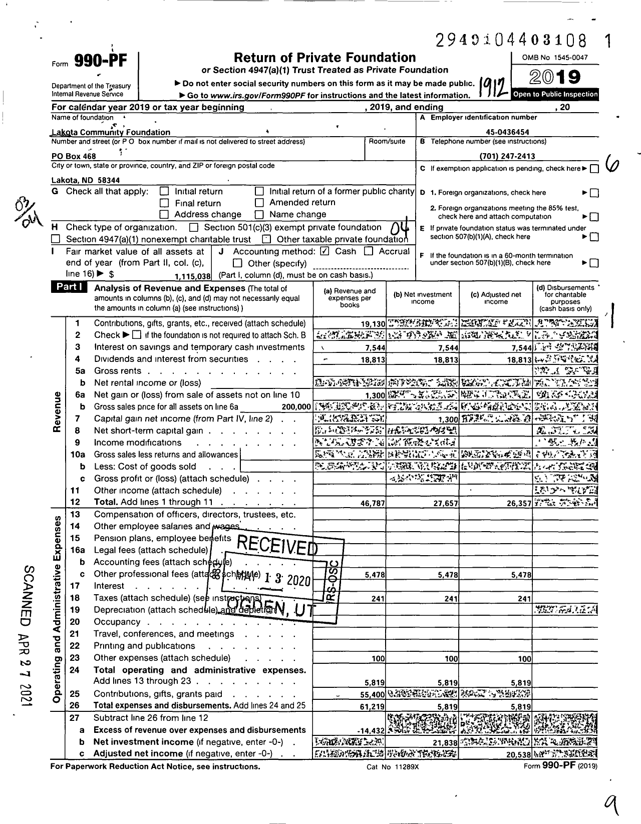 Image of first page of 2019 Form 990PF for Lakota Community Foundation