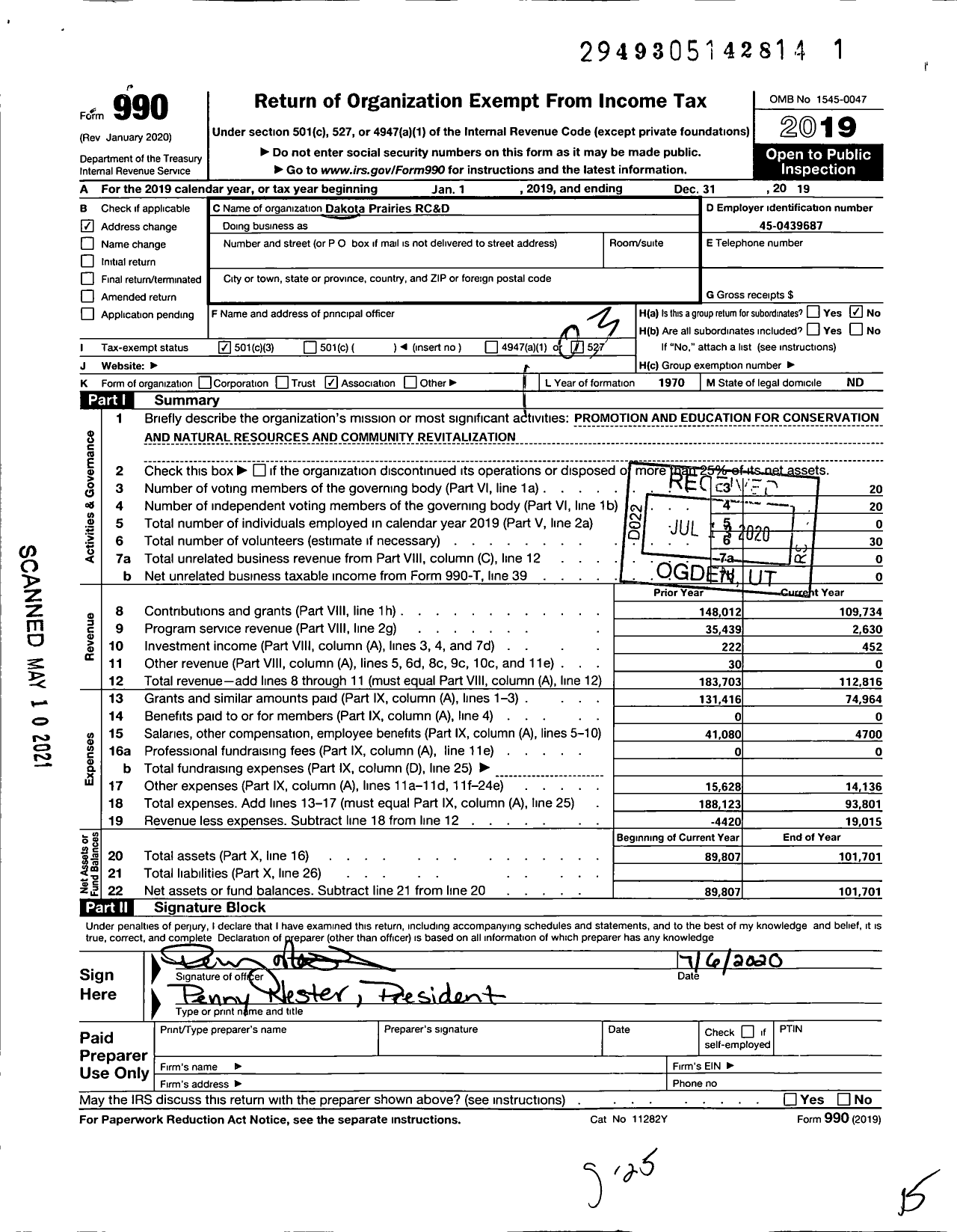 Image of first page of 2019 Form 990 for Dakota Prairies Resource Conservation and Development