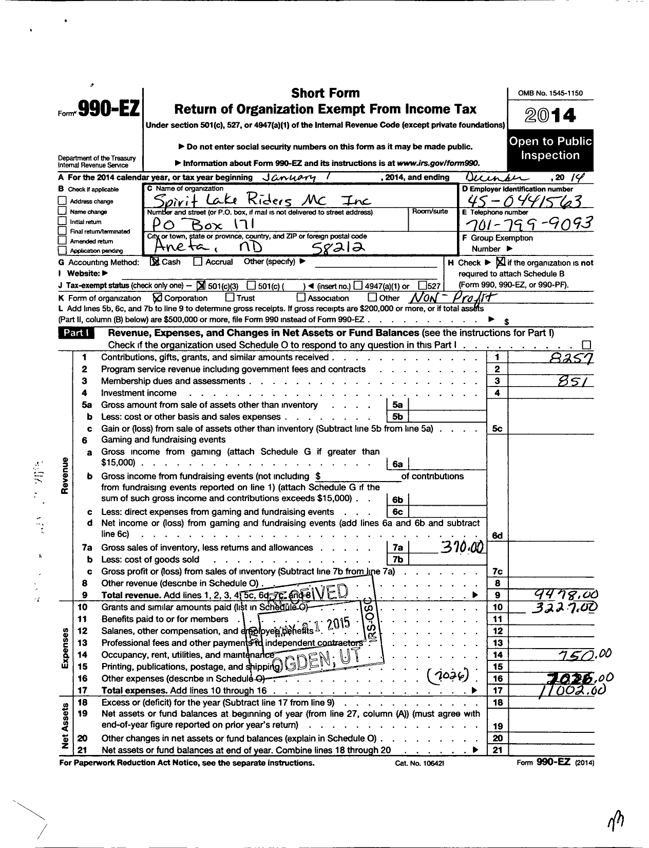 Image of first page of 2014 Form 990EZ for Spirit Lake Riders MC