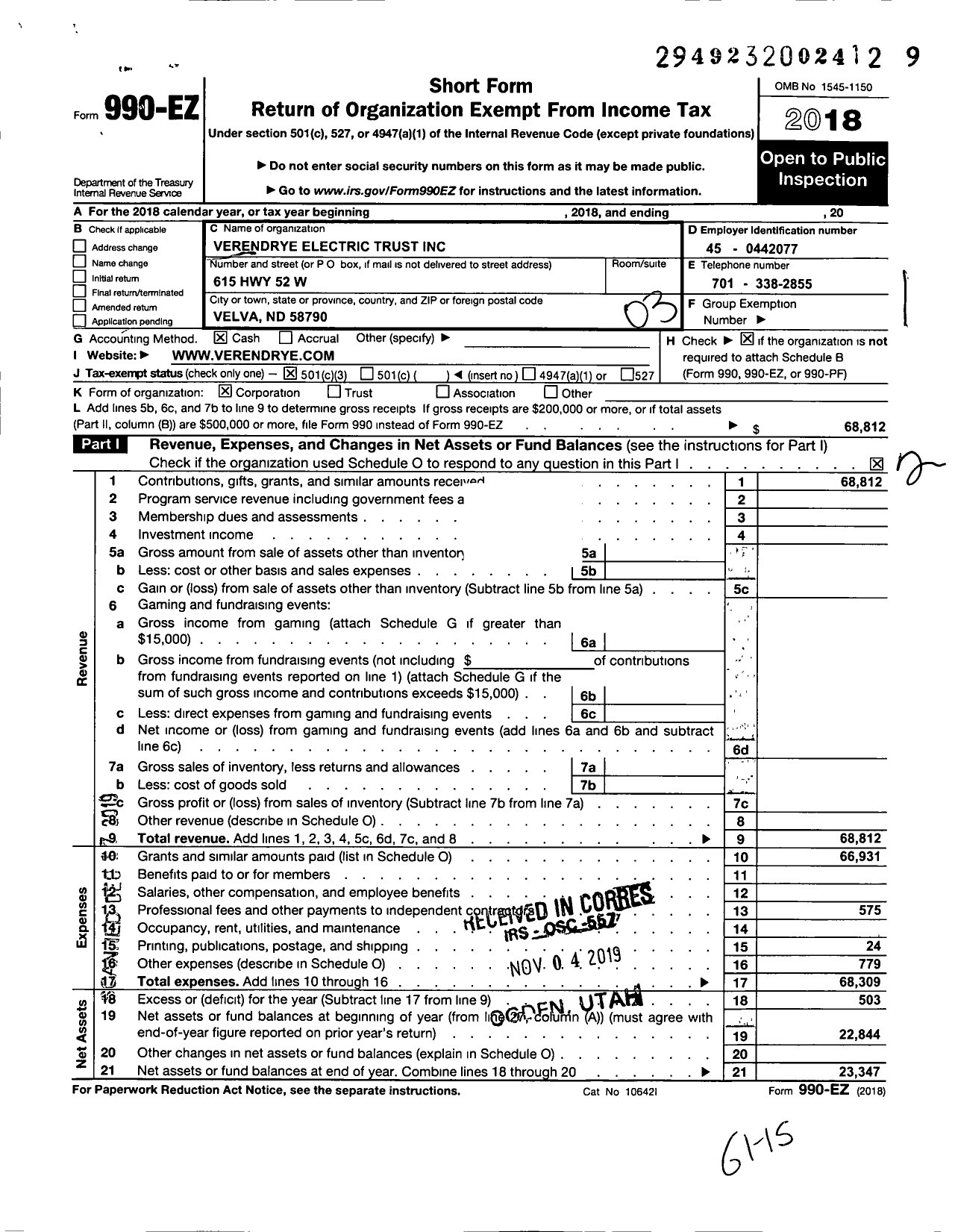 Image of first page of 2018 Form 990EZ for Verendrye Electric Trust