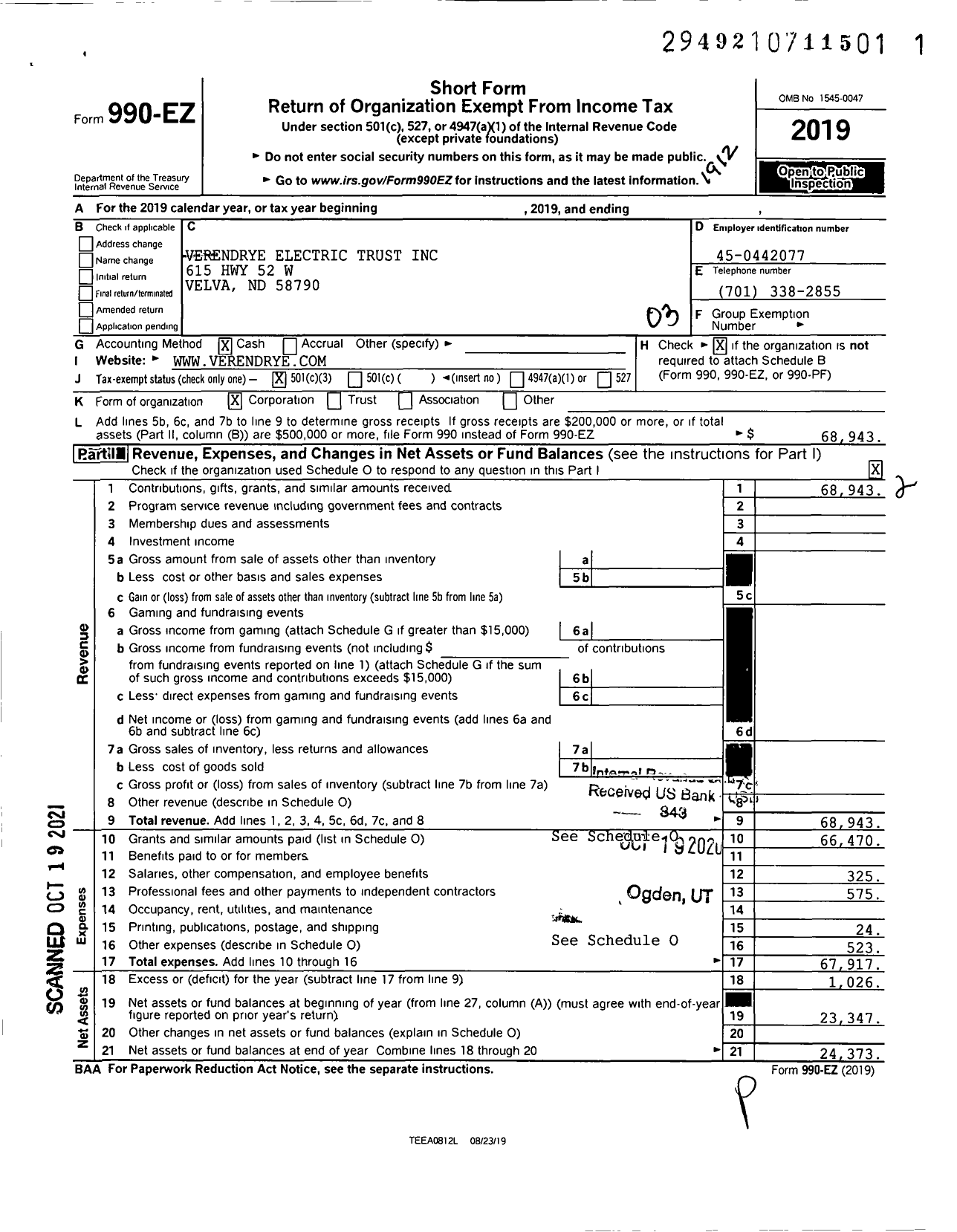 Image of first page of 2019 Form 990EZ for Verendrye Electric Trust