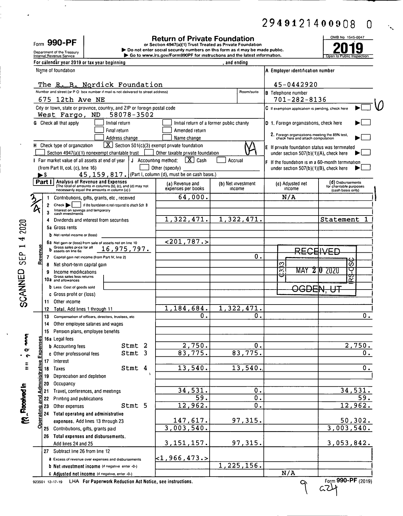 Image of first page of 2019 Form 990PR for The R B Nordick Foundation