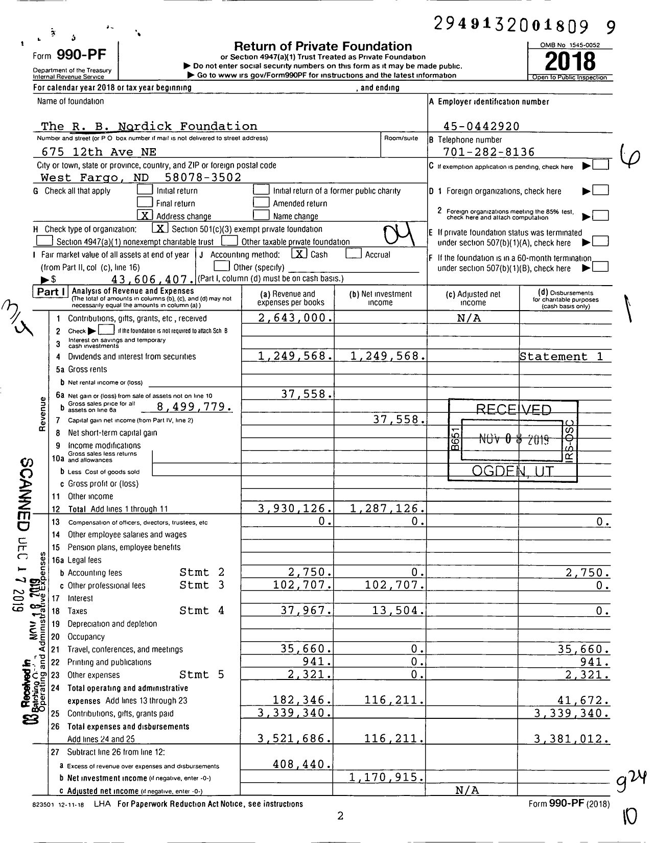 Image of first page of 2018 Form 990PF for The R B Nordick Foundation