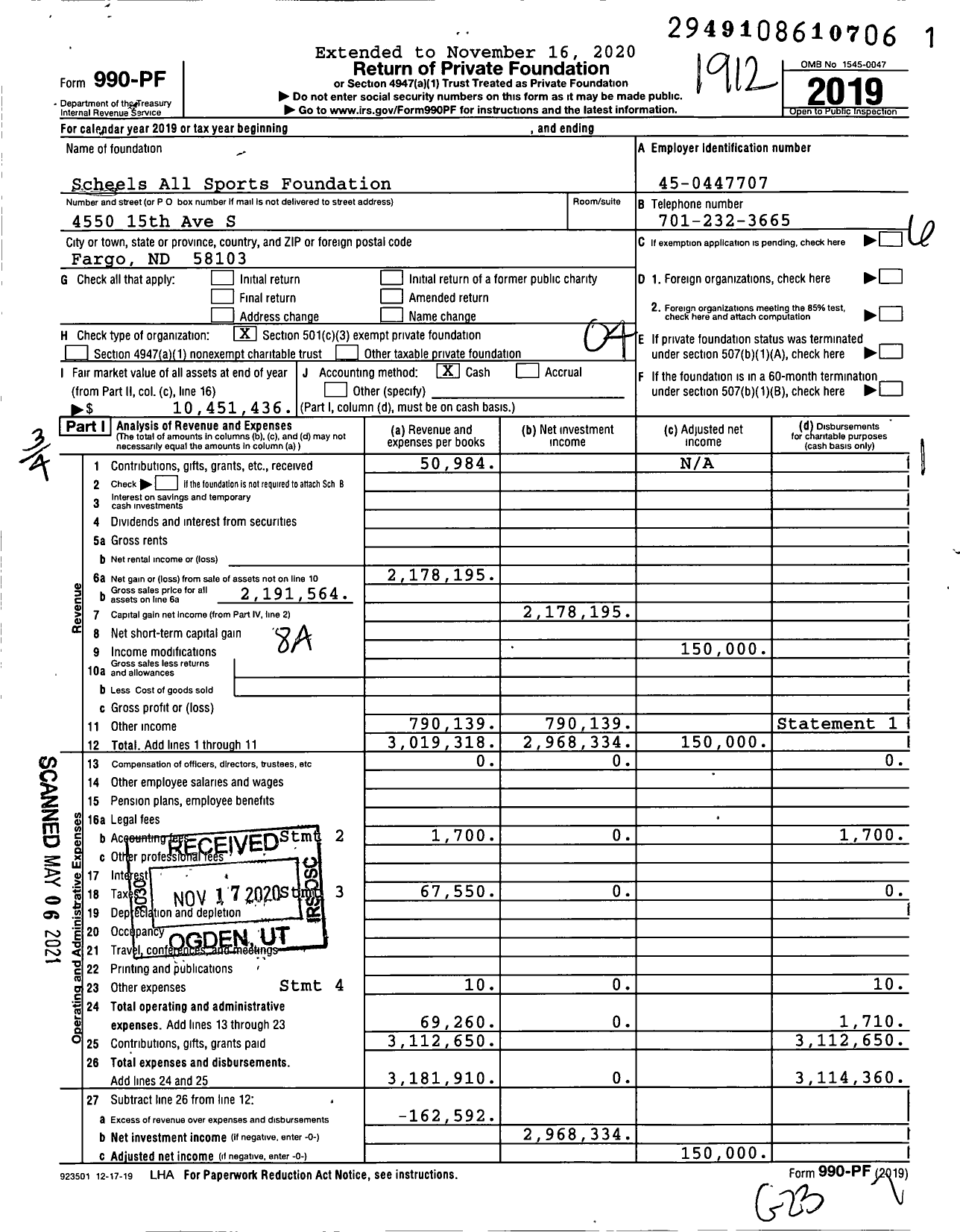 Image of first page of 2019 Form 990PF for Scheels All Sports Foundation