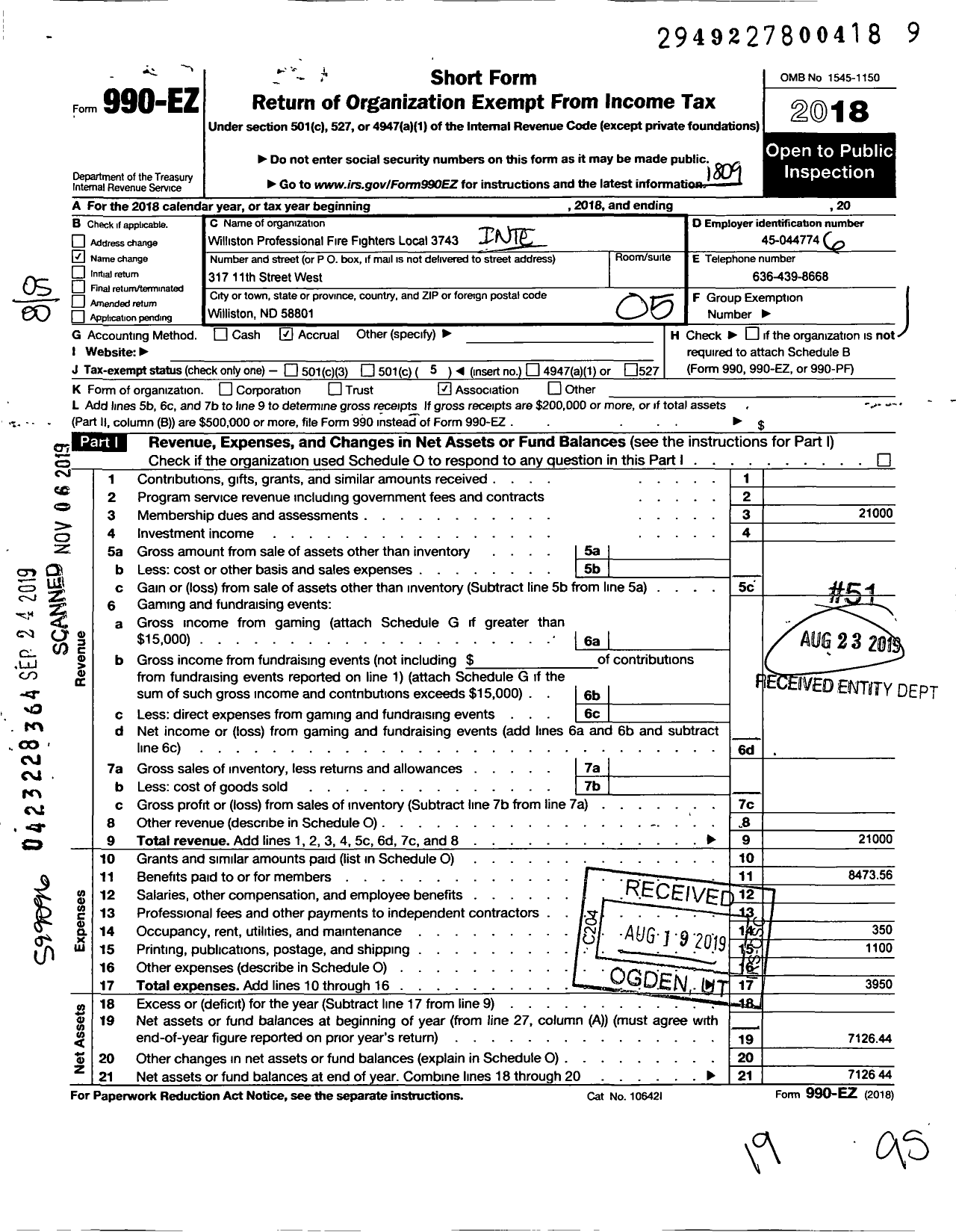 Image of first page of 2017 Form 990EO for International Association of Fire Fighters - L3743 Williston Professional Fire F