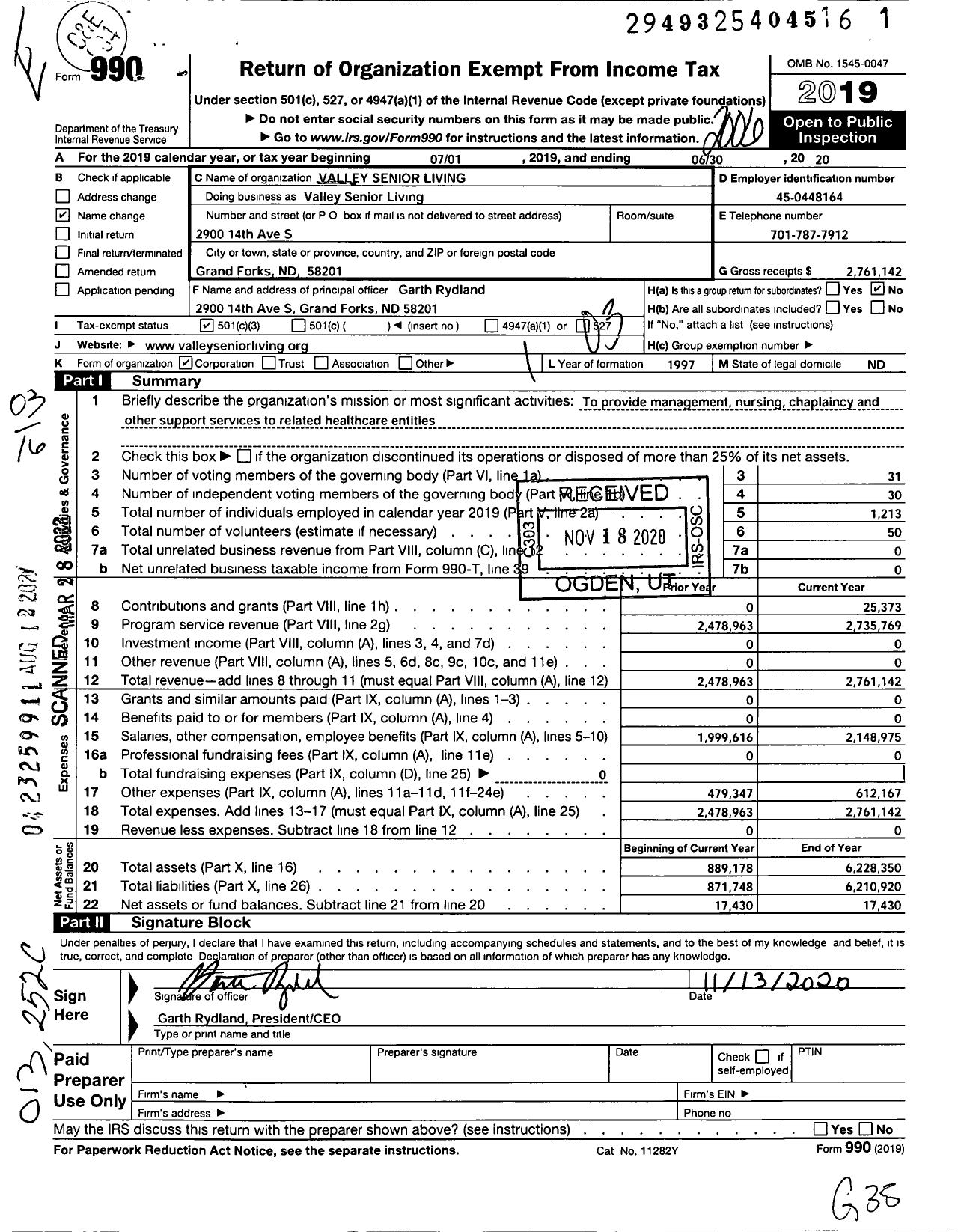 Image of first page of 2019 Form 990 for Valley Senior Living