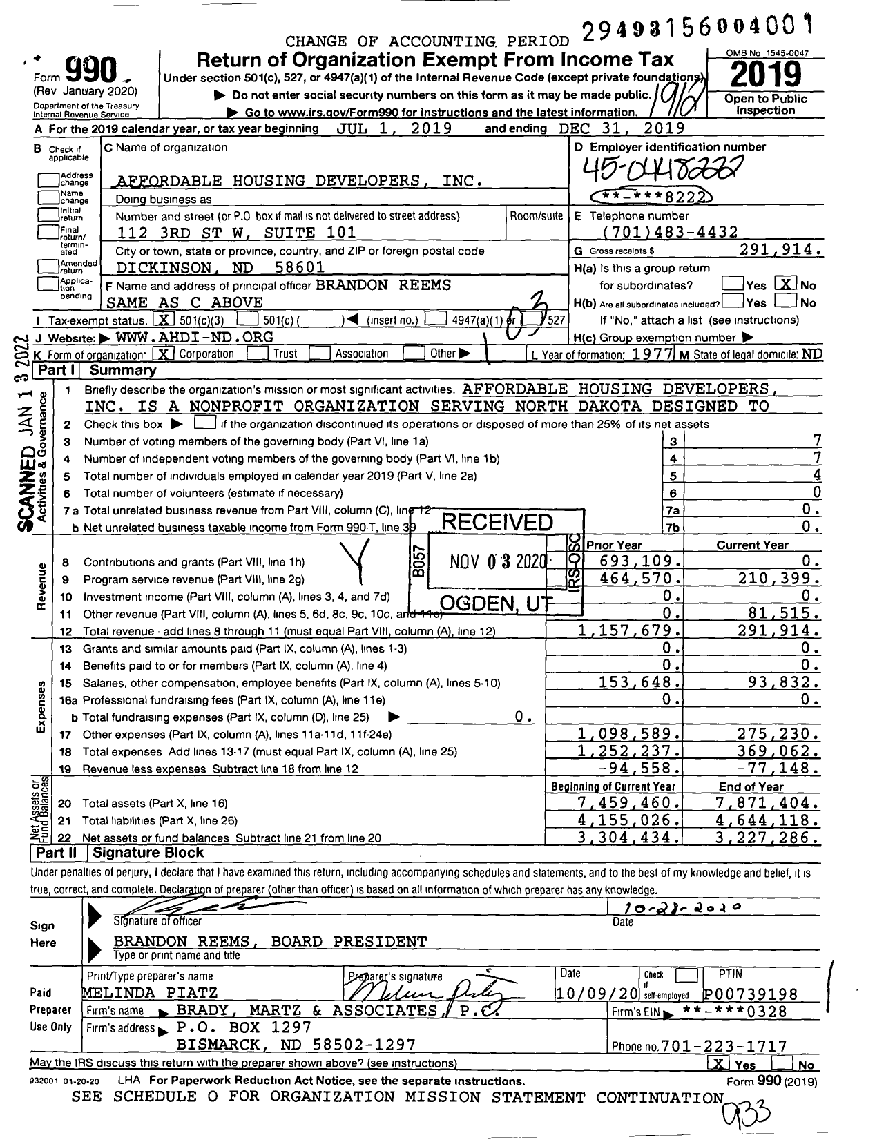 Image of first page of 2019 Form 990 for Affordable Housing Developers