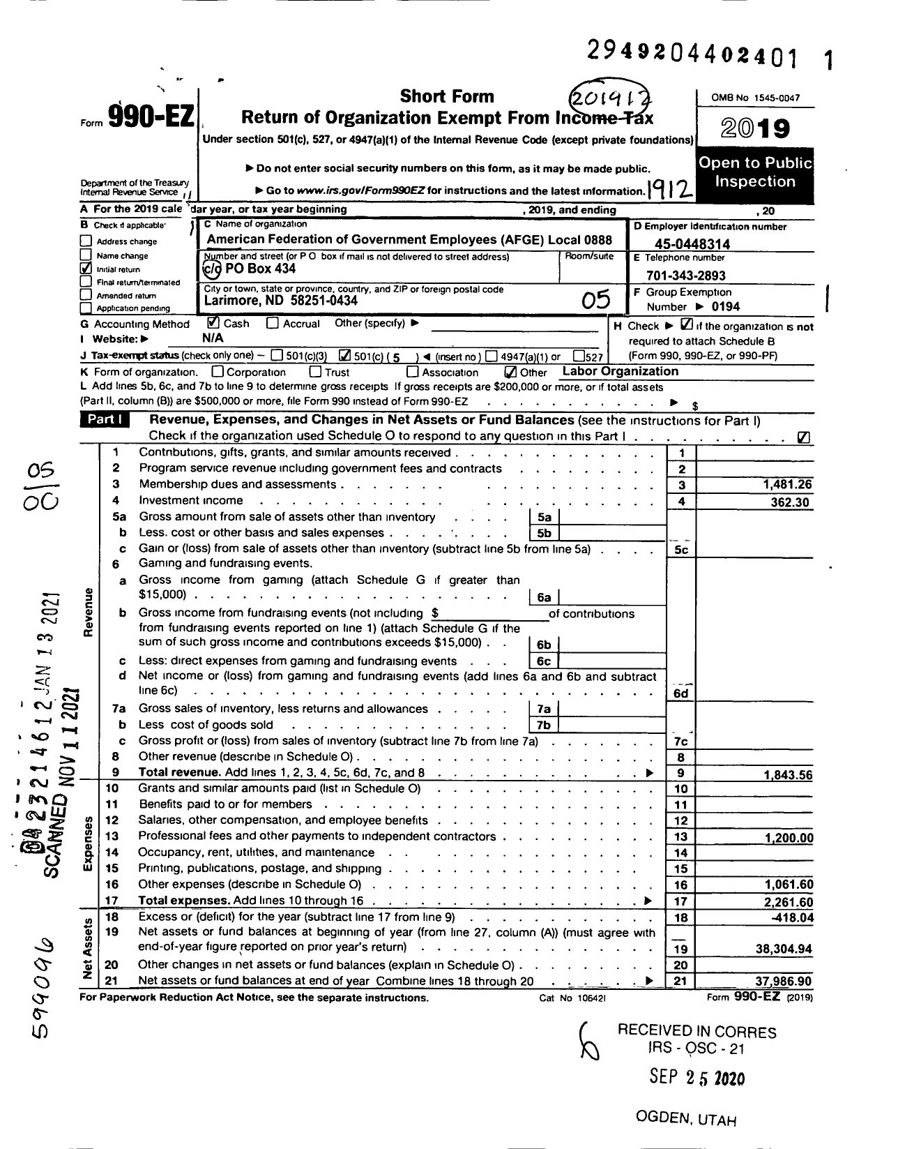 Image of first page of 2019 Form 990EO for American Federation of Government Employees - 0888 Afge Fha Local