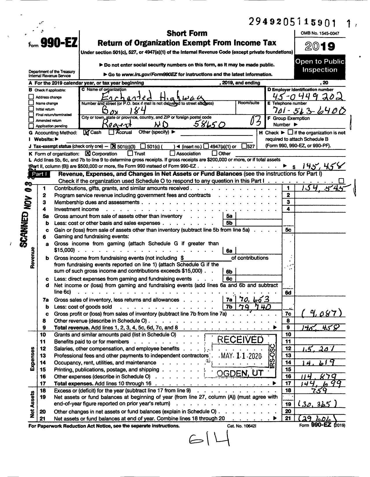 Image of first page of 2019 Form 990EZ for Enchanted Highway