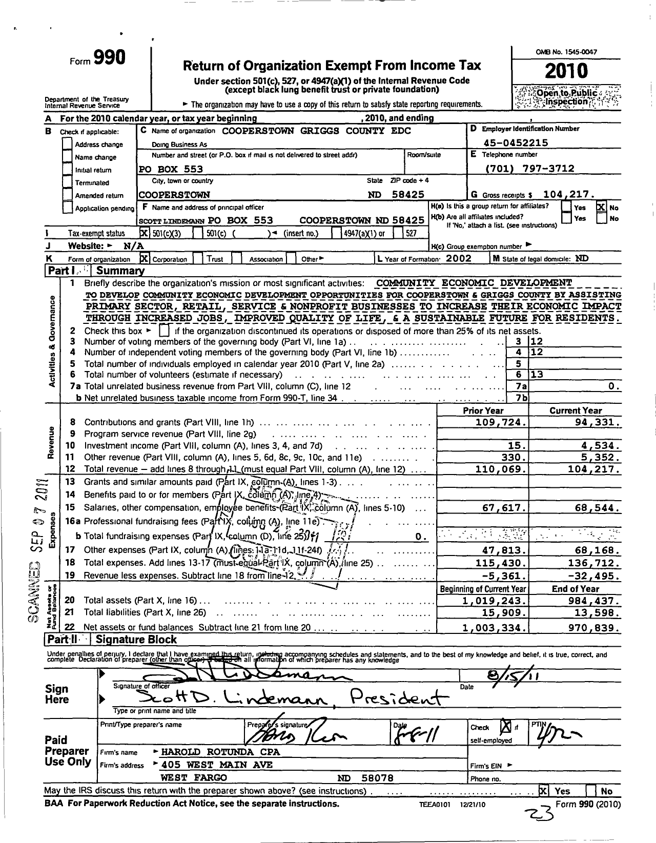 Image of first page of 2010 Form 990 for Cooperstown-Griggs County Economic Development Corporation