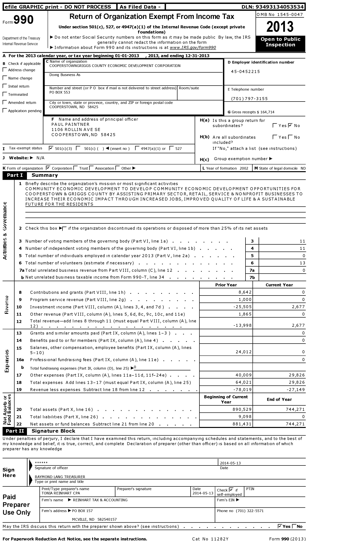 Image of first page of 2013 Form 990 for Cooperstown-Griggs County Economic Development Corporation